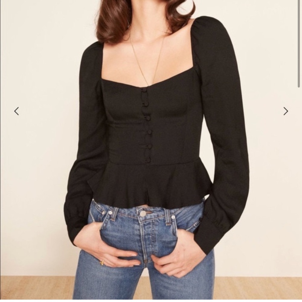 Reformation long sleeve button peplum corset top